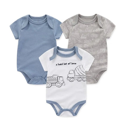 Cotton Infant Bodysuit Trio with Short Sleeves, Printed and Solid Baby One-Piece Outfits with Bottom Snaps for Boys and Girls, 3M-12M