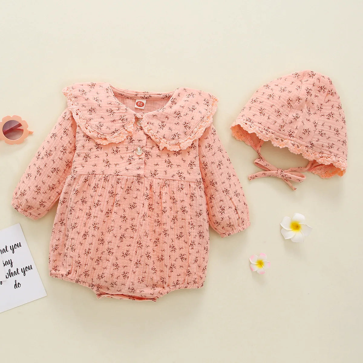 Baby Girl Floral Romper and Bonnet Set, Long Sleeve One-Piece Outfit with Decorative Collar and Snap Bottom for Infant Photos and Fall Outings