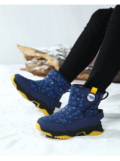 Snowflake Print Kids Winter Boots with Padded Shafts, Pull Tabs and Chunky Tread Soles, Pink Snow-Style Footwear for Boys and Girls