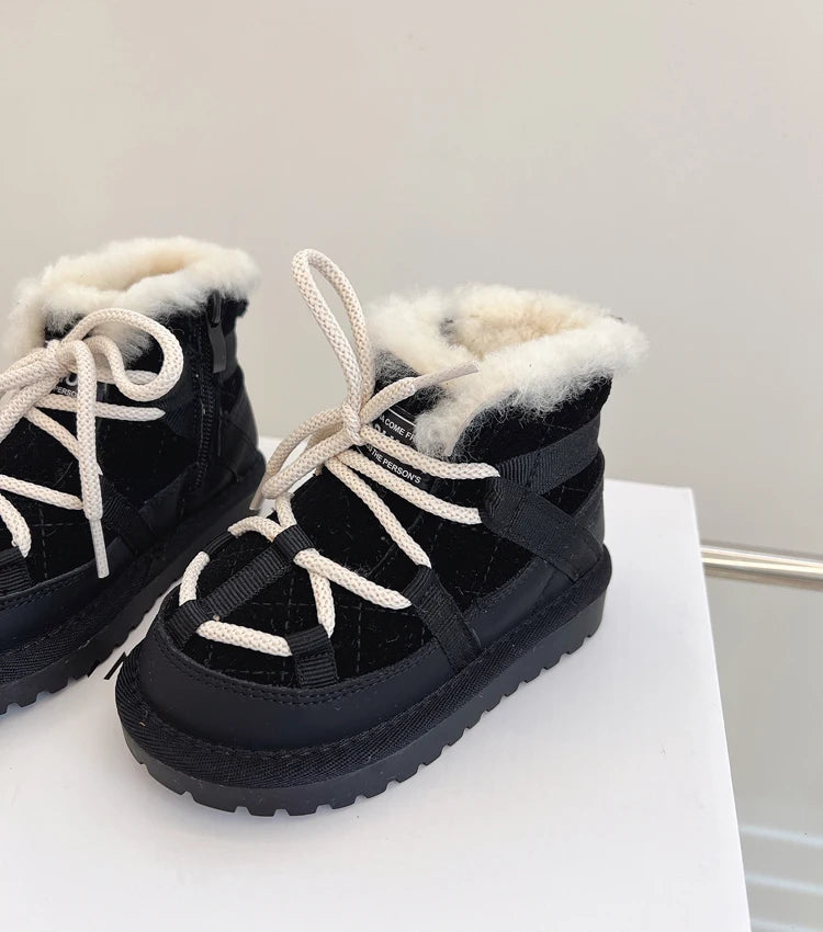 Plush-Lined Toddler Ankle Boots with Lace-Up Front and Side Zipper, Camel or Black Winter Shoes for Boys and Girls, Sizes 18-30