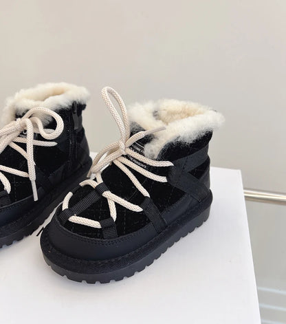 Plush-Lined Toddler Ankle Boots with Lace-Up Front and Side Zipper, Camel or Black Winter Shoes for Boys and Girls, Sizes 18-30