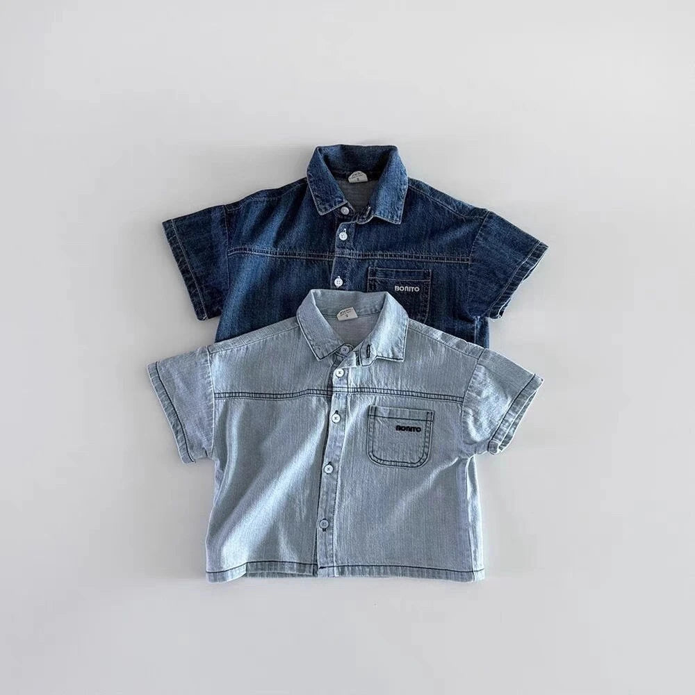 Toddler Denim Shirt and Shorts Set with Short Sleeves, Button Front and Elastic Waist, Dark or Light Blue Two-Piece Outfit for Boys and Girls