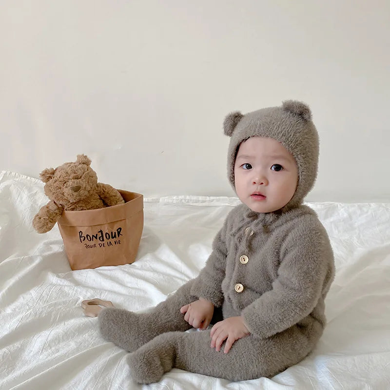 Plush Baby Footed Jumpsuit with Button Front, Bear-Inspired Autumn Winter One-Piece Outfit for Boys and Girls in Four Colors