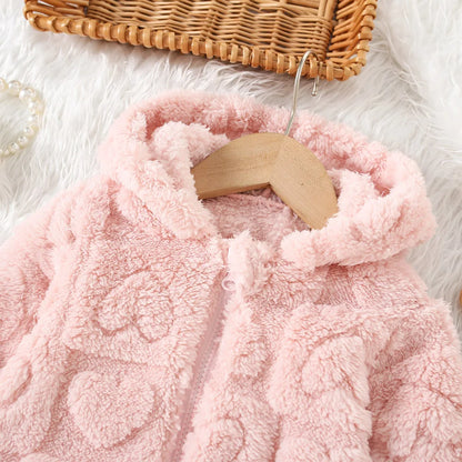 Baby Girl Fleece Zip-Up Jacket with Hood, Pink Heart or Bear Style Toddler Outerwear for Spring and Fall, Sizes 6-9M through 2-3Y