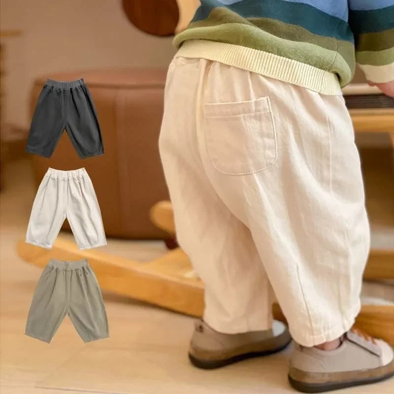 Toddler Pull-On Pants with Elastic Waist and Back Pocket, Solid Color Loose Ankle-Length Trousers for Boys and Girls, Sizes 12M-5T