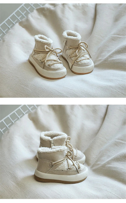 Toddler Plush Panel Lace-Up Boots with Rubber Soles and Cozy Cuffs, Beige, Black or Pink Winter Ankle Shoes for Boys and Girls, 12-15.5 cm Insoles