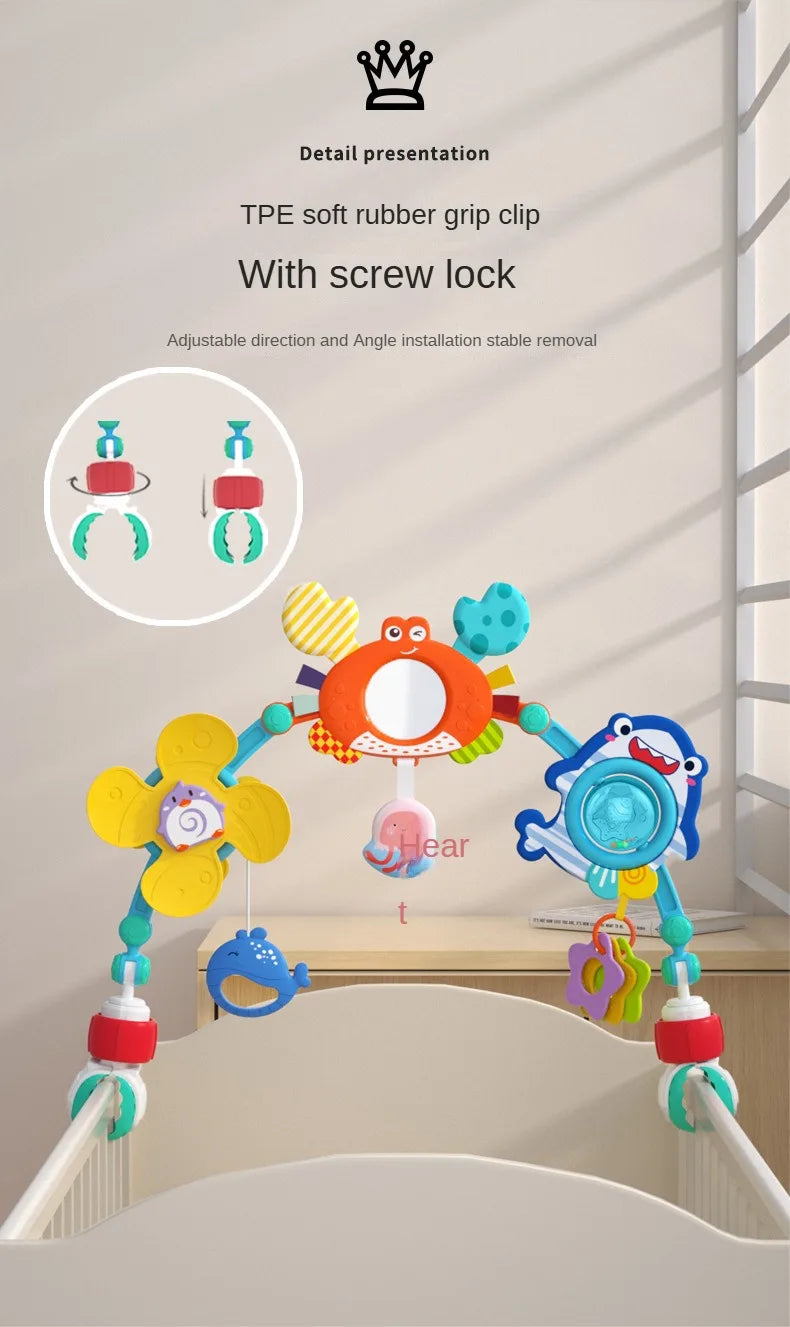 Stroller Activity Toy Arch with Colorful Hanging Play Details, Ocean or Bee Theme Clip-On Baby Play Bar for Supervised Sensory Exploration