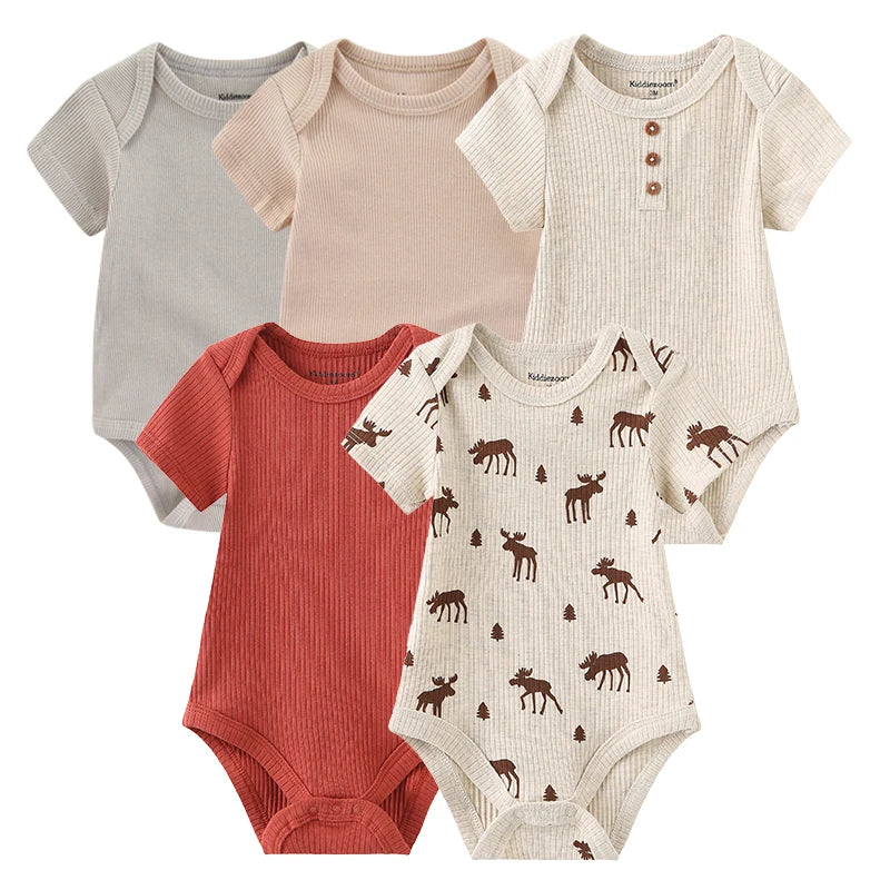 Baby Bodysuit Multipack with Cartoon Prints, Kiddiezoom 5 Short Sleeve One-Piece Outfits with Snap Closures for Boys and Girls, 3M-12M