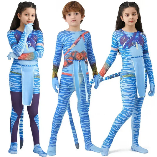 Blue Alien Costume Jumpsuit for Kids with Striped Character Prints, Jake or Neytiri Styles for Halloween, Cosplay Parties and Dress-Up