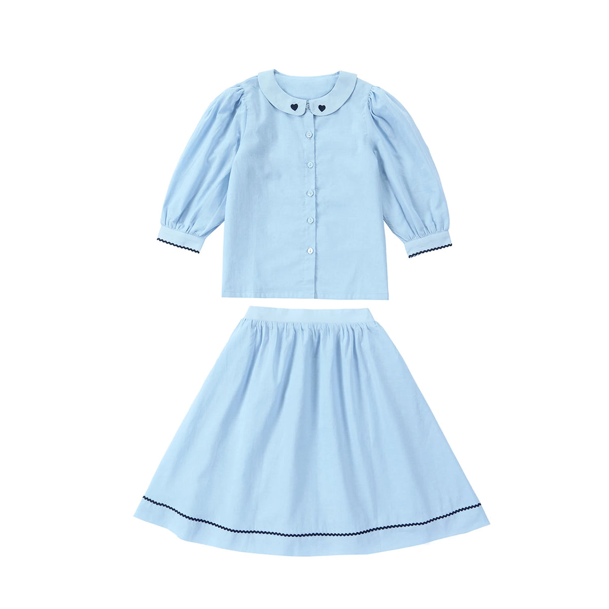 Light Blue Sibling Matching Outfits with Cotton Girls Collared Dresses, Baby Rompers and Boys Plaid Sets, Lyocell Knit Tops and White Separates