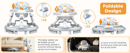Baby Walker Activity Center in White, 4-in-1 Play Design with 3 Frame Height Settings, 5 Seat Adjustments and Wheeled Base for Indoor Use