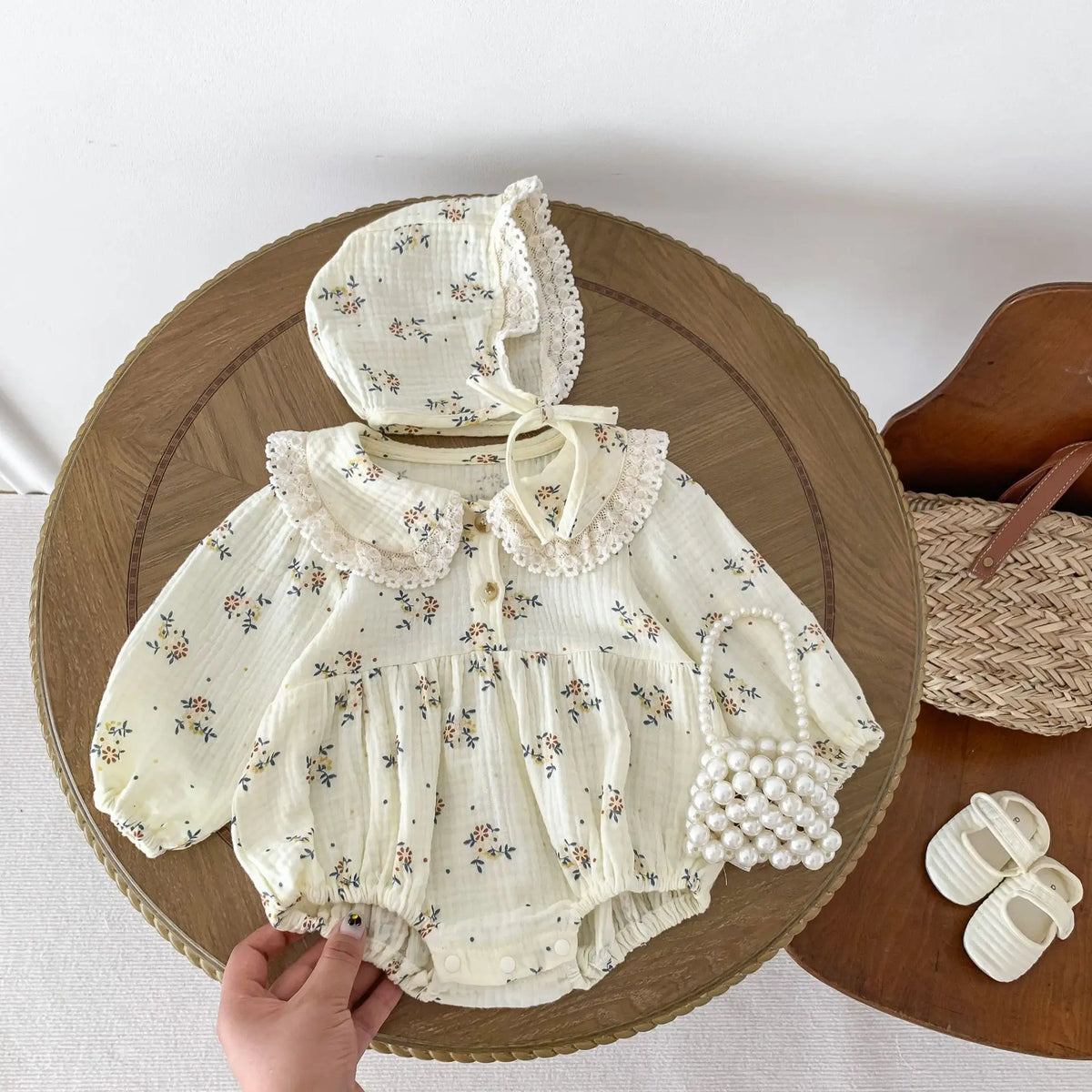 Lace Collar Baby Girl Romper with Bonnet, Cream Floral Long Sleeve Bubble One-Piece and Matching Hat for Spring Photos, Sizes 66-90