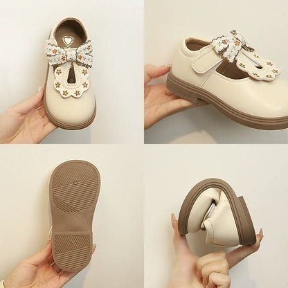 Girls Floral Bow T-Strap Shoes with Scalloped Flower Details and Round Toe, Black or Beige Dress Flats for School Outfits, Parties and Photos