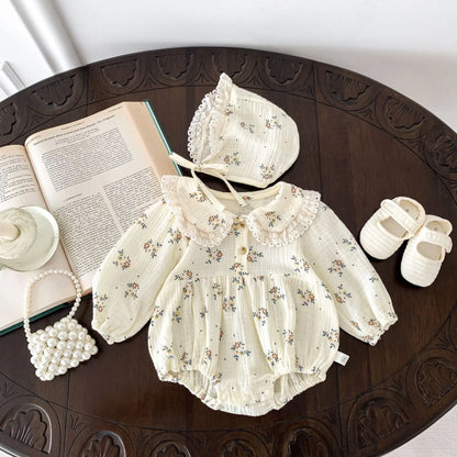 Lace Collar Baby Girl Romper with Bonnet, Cream Floral Long Sleeve Bubble One-Piece and Matching Hat for Spring Photos, Sizes 66-90
