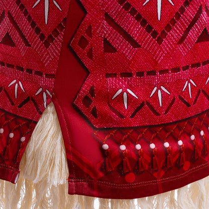 Ocean Princess Costume Dress for Girls with Necklace, Red Patterned Skirt and Fringe Trim for Halloween, Birthday Parties and Adventure Dress-Up
