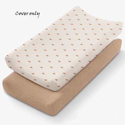 Muslin Cotton Changing Pad Covers 2-Pack with Elastic Edges, Double-Layer Baby Diaper Mat Covers for Newborn Nursery Care and Baby Shower Gifts