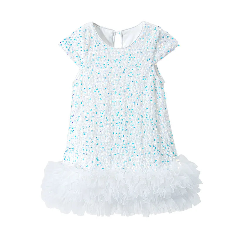 Girls Sequin Party Dress, Short Sleeve Sparkle Dress with Fluffy Mesh Ruffle Hem and Cotton Blend Lining for Birthdays and Holiday Photos, 2T-6T