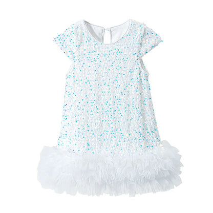 Girls Sequin Party Dress, Short Sleeve Sparkle Dress with Fluffy Mesh Ruffle Hem and Cotton Blend Lining for Birthdays and Holiday Photos, 2T-6T