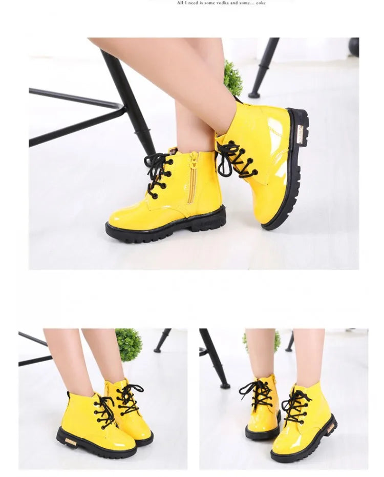 Kids Lace-Up Ankle Boots in PU Leather, Glossy Fashion Shoes for Boys and Girls with Black Soles, Five Colors and Sizes 21–37 for Spring and Fall
