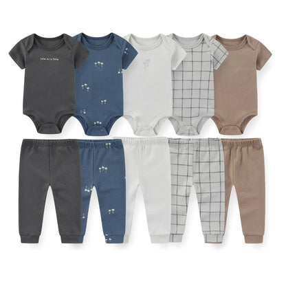 Baby Bodysuit and Pants Set, 10-Piece Kiddiezoom Infant Clothing Bundle with Short-Sleeve Tops for Boys and Girls, Sizes 3M-12M