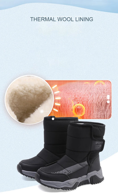 High-Top Kids Snow Boots with Hook-and-Loop Side Straps, Padded Shafts and Chunky Tread Soles for Winter Outings, Chinese Sizes 31-42