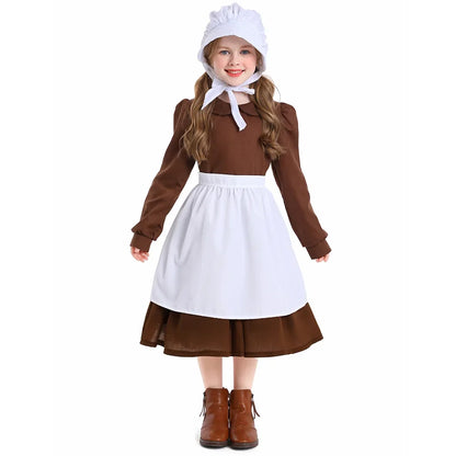 Girls Pioneer Prairie Costume Dress with Apron and Bonnet Options for Colonial School Plays, Historical Dress-Up and Halloween Events