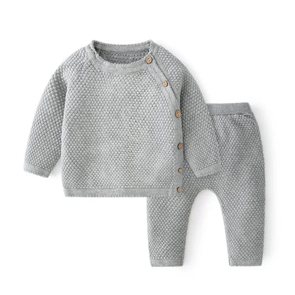 Baby Cotton Knit Sweater Set with Side Buttons and Matching Pants, Textured Two-Piece Outfit for Boys and Girls, Newborn to Toddler Sizes