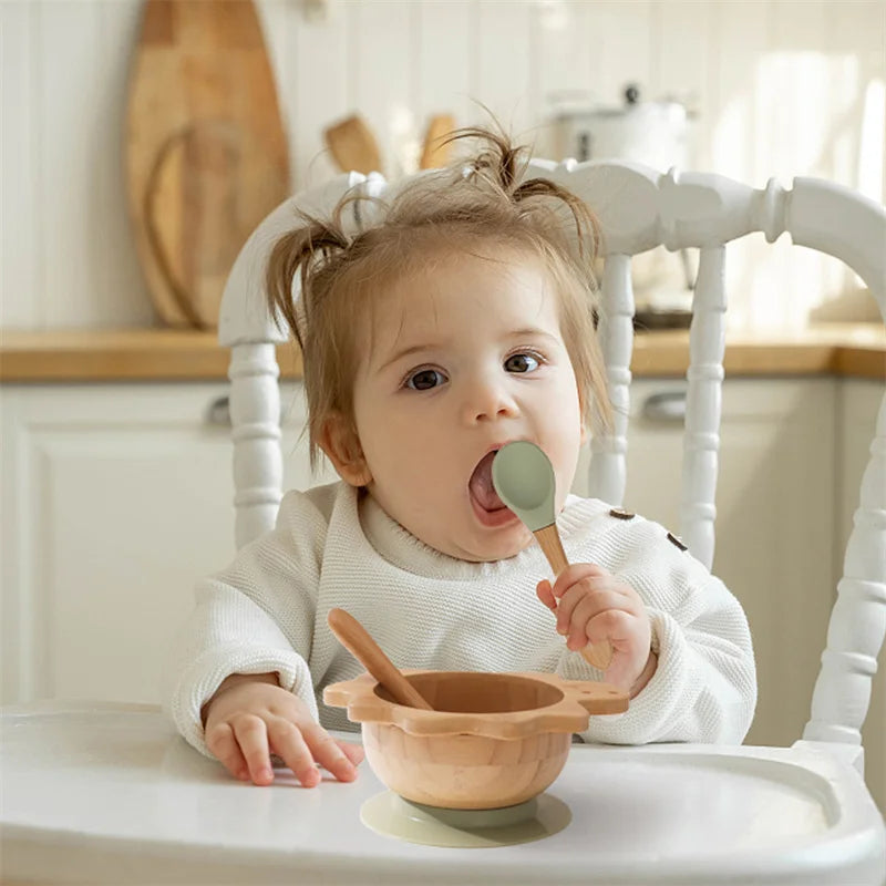 Bamboo Baby Suction Bowl and Tableware Options, Sun, Cloud and Dinosaur Designs with Single-Piece or 3-Piece Wooden-Handle Utensil Sets