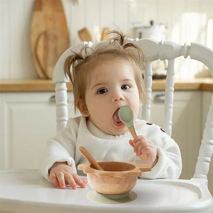 Bamboo Baby Suction Bowl and Tableware Options, Sun, Cloud and Dinosaur Designs with Single-Piece or 3-Piece Wooden-Handle Utensil Sets