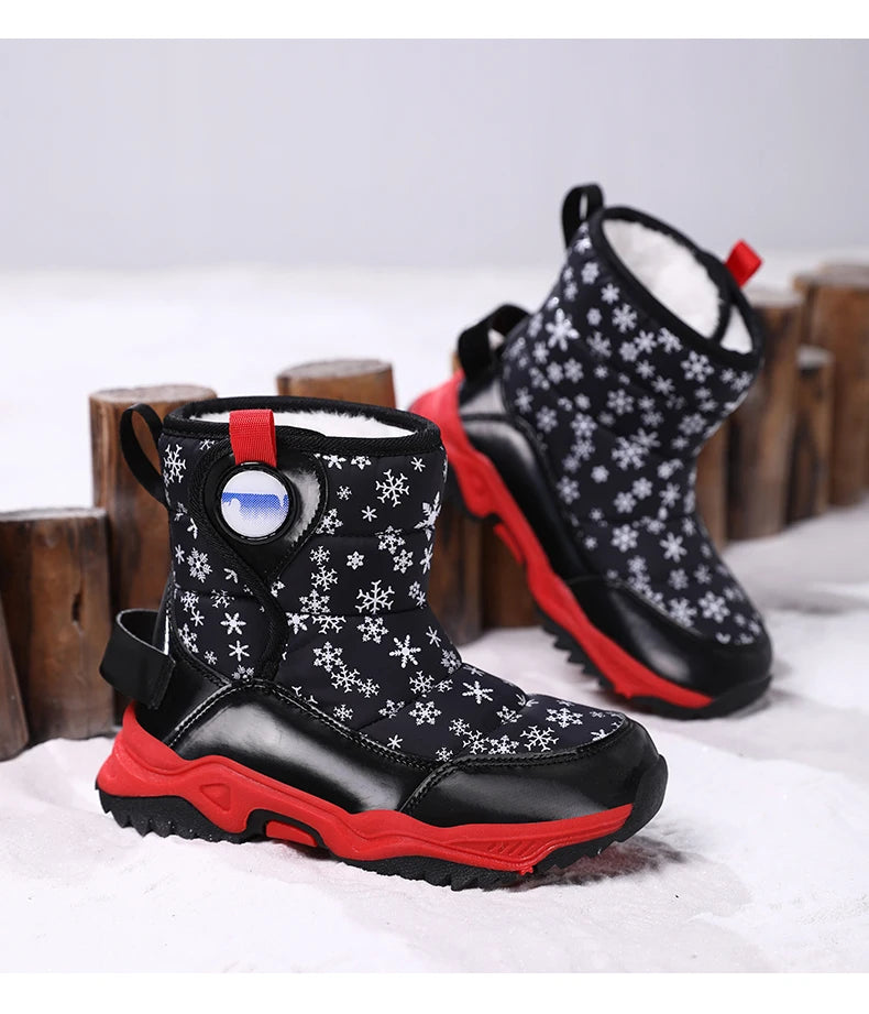 Snowflake Print Kids Winter Boots with Padded Shafts, Pull Tabs and Chunky Tread Soles, Pink Snow-Style Footwear for Boys and Girls