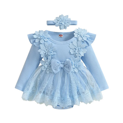 Baby Girl Romper Dress and Headband Set with 3D Flowers, Bow and Mesh Skirt, Long Sleeve Ribbed Cotton-Blend Outfit in Five Colors, 3M-18M