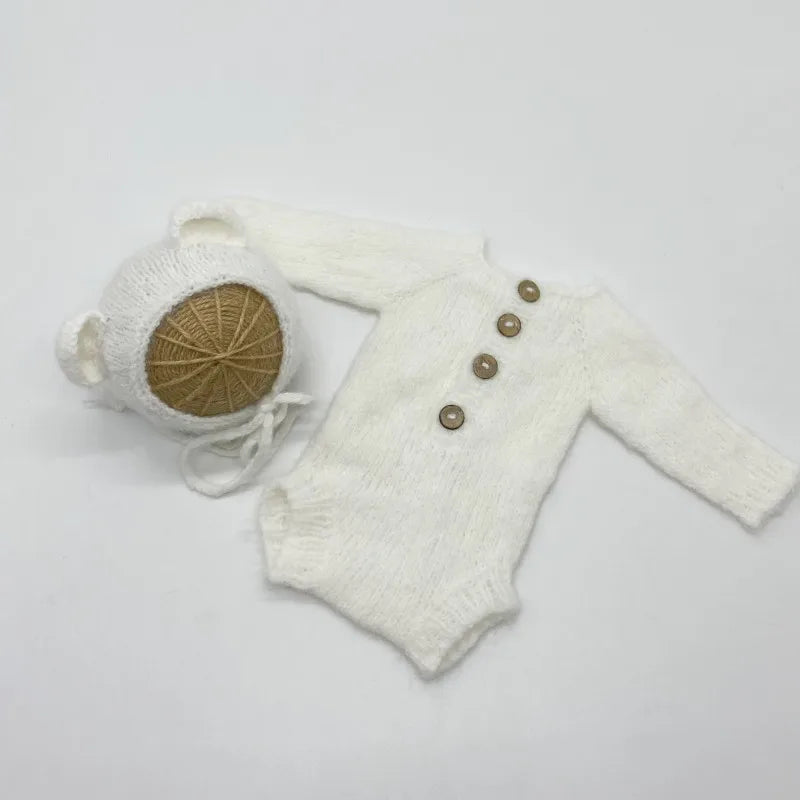 Newborn Bear Photography Outfit with Long Sleeve Knitted Romper and Bear Ear Bonnet, Optional Knit Toy for Baby Boys and Girls Portrait Sessions