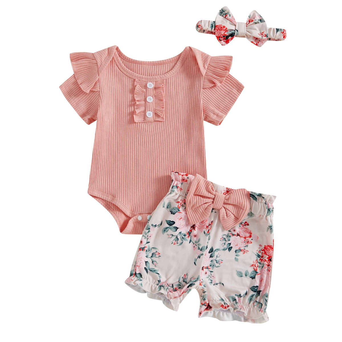 Baby Girl Summer Outfit Set, 3-Piece Ribbed Short Sleeve Romper with Floral or Cow Print Bow Shorts and Matching Headband, 0-18 Months