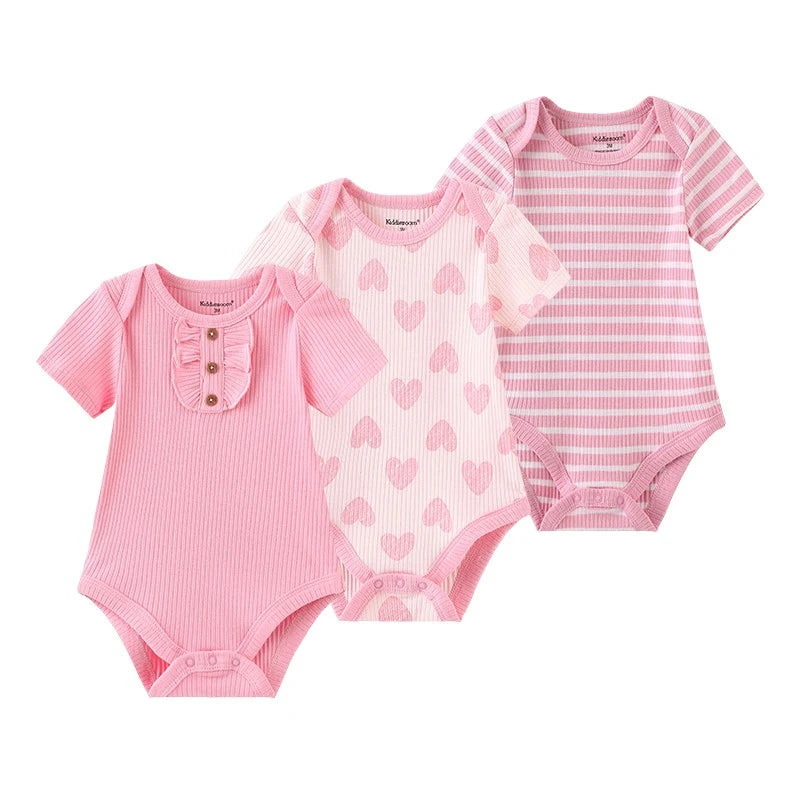 Cotton Infant Bodysuit Trio with Short Sleeves, Printed and Solid Baby One-Piece Outfits with Bottom Snaps for Boys and Girls, 3M-12M