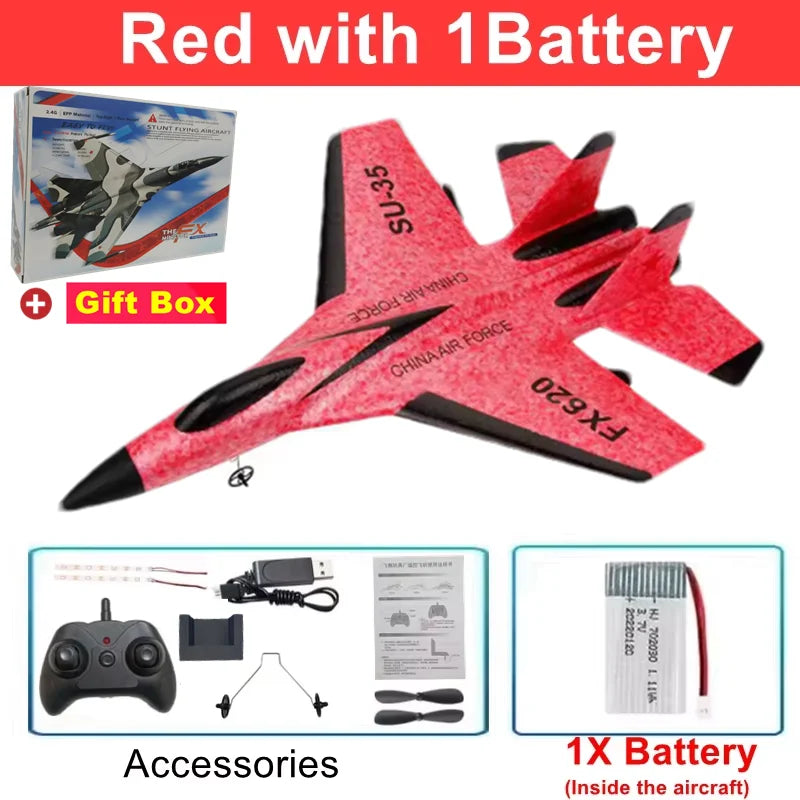 RC Airplane SU35 Fighter, Oike EPP Foam Plane with 2.4 GHz Control, Gyroscope and LED Lights for Outdoor Flying, One or Two Battery Options