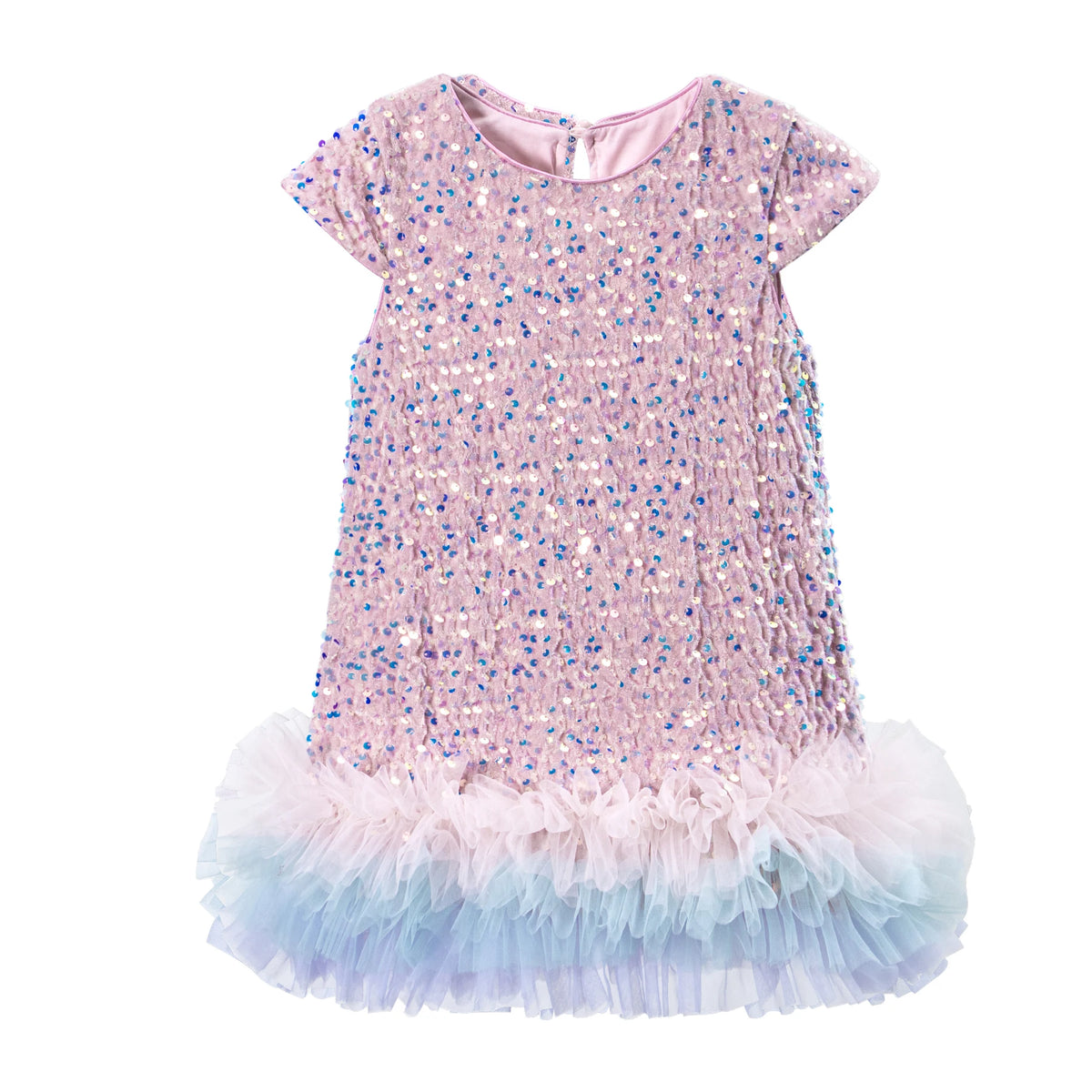 Girls Sequin Party Dress, Short Sleeve Sparkle Dress with Fluffy Mesh Ruffle Hem and Cotton Blend Lining for Birthdays and Holiday Photos, 2T-6T