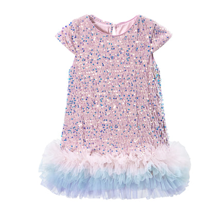 Girls Sequin Party Dress, Short Sleeve Sparkle Dress with Fluffy Mesh Ruffle Hem and Cotton Blend Lining for Birthdays and Holiday Photos, 2T-6T