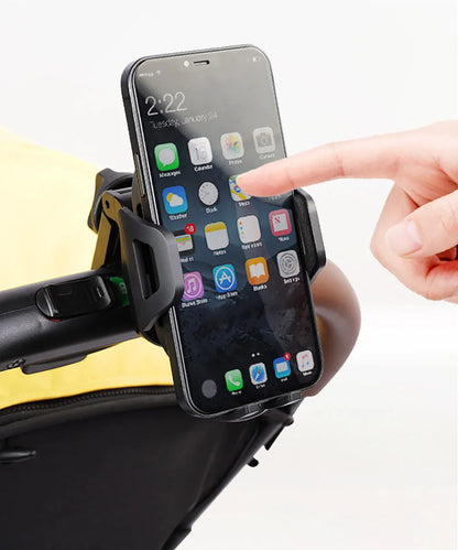 Stroller Drink and Phone Holder with Handlebar Clamp, Black Cup and Bottle Organizer with Separate Phone Cradle for Parent Walks and Family Outings