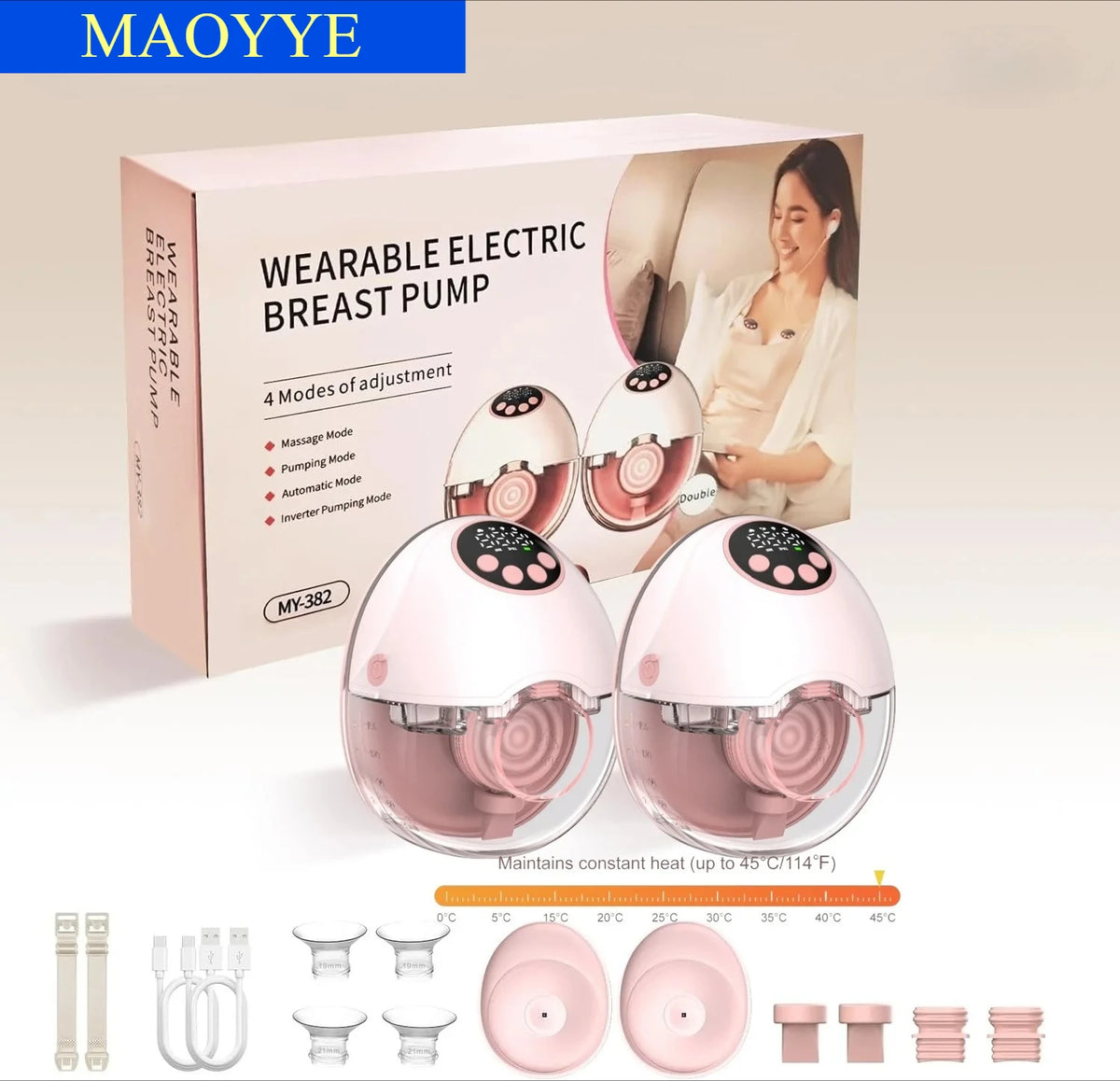 MAOYYE Hands-Free Breast Pump MY382, Wearable Electric Pump with 4 Modes, 12 Levels and Flange Adapters, Pink or White Single and Double Options