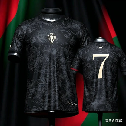 Number 7 Soccer Fan Shirt for Kids and Adults, Short Sleeve Football Jersey Style Top with Black Graphic and White Gold Designs for Family Matching