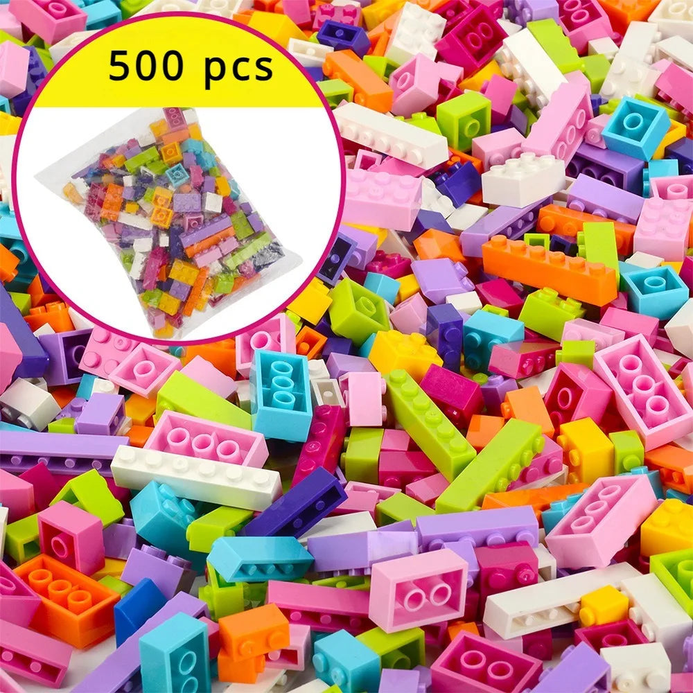Creative Building Brick Set, 300 or 500 Colorful DIY Pieces for Open-Ended Construction, City Scenes, Counting and Shape Sorting Play