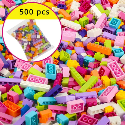 Creative Building Brick Set, 300 or 500 Colorful DIY Pieces for Open-Ended Construction, City Scenes, Counting and Shape Sorting Play