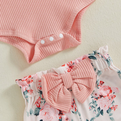 Baby Girl Summer Outfit Set, 3-Piece Ribbed Short Sleeve Romper with Floral or Cow Print Bow Shorts and Matching Headband, 0-18 Months