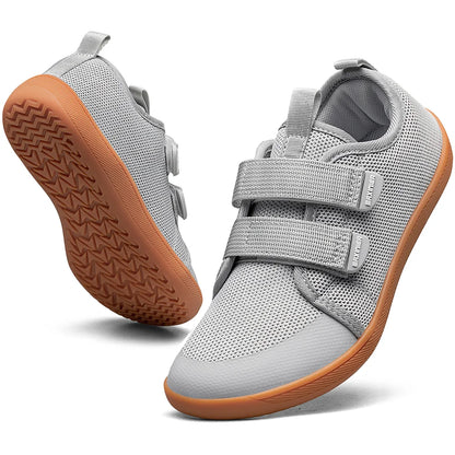 Kids Barefoot-Style Mesh Sneakers with Wide Toe and Double-Strap Fastening, Breathable Knitted Casual Walking Shoes in Gray, Black or Blue for Boys and Girls