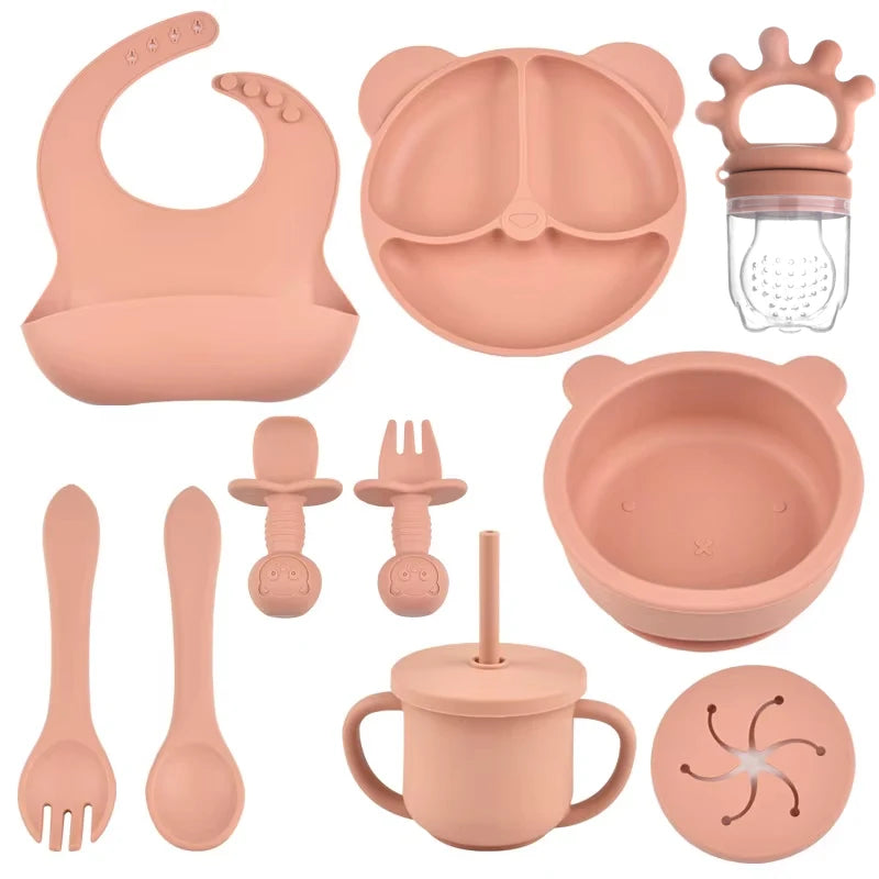 Silicone Suction Feeding Set, 10-Piece Panda Baby Tableware with Divided Plate, Bowl, Pocket Bib, Straw Cup and Two Utensil Pairs in Nine Colors