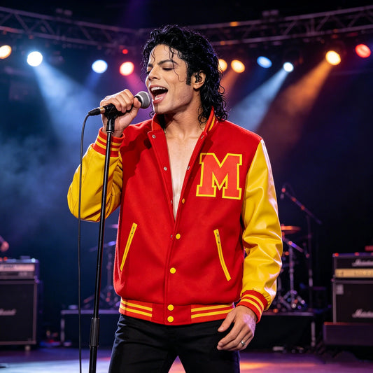 Mens Red and Yellow Varsity Costume Jacket with Letter M Detail, Colorblock Bomber for Pop-Inspired Cosplay, Halloween and Stage Performances