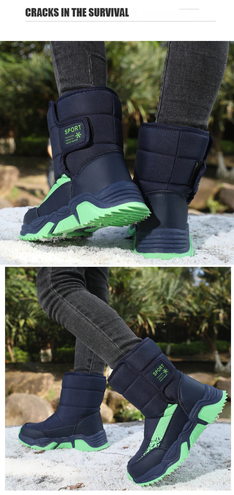 High-Top Kids Snow Boots with Hook-and-Loop Side Straps, Padded Shafts and Chunky Tread Soles for Winter Outings, Chinese Sizes 31-42