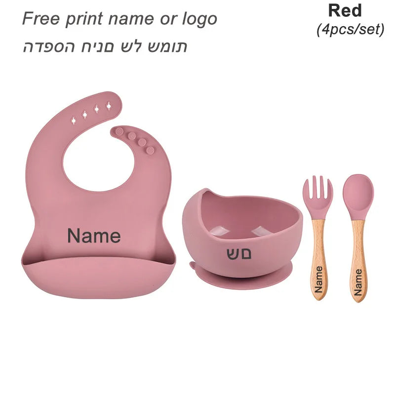 Personalized Baby Feeding Set with Silicone Suction Plate, Bowl, Spoon and Fork, 4-Piece or 6-Piece Tableware Options for Supervised Mealtimes