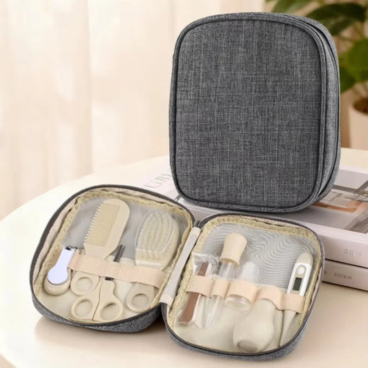 Baby Hygiene Travel Kit, 9-Piece Grooming Set with Nail Clipper, Hair Brush, Comb and Thermometer in a Gray Zippered Case for New Parents