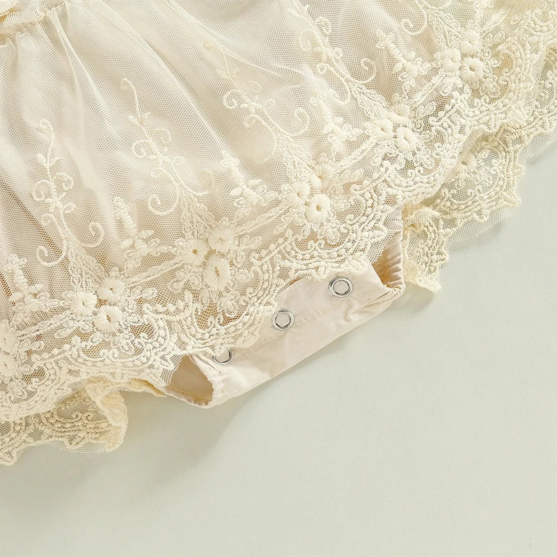 Floral Lace Baby Romper Dress with Matching Headband, Raised Flower Bodice and Sleeveless Square Neck for Parties and Milestone Photos, 0-18 Months